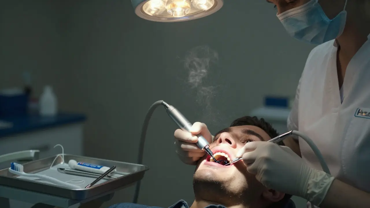 Zubní hygienička odstraňuje černý kámen ultrazvukovým čističem v klinice.