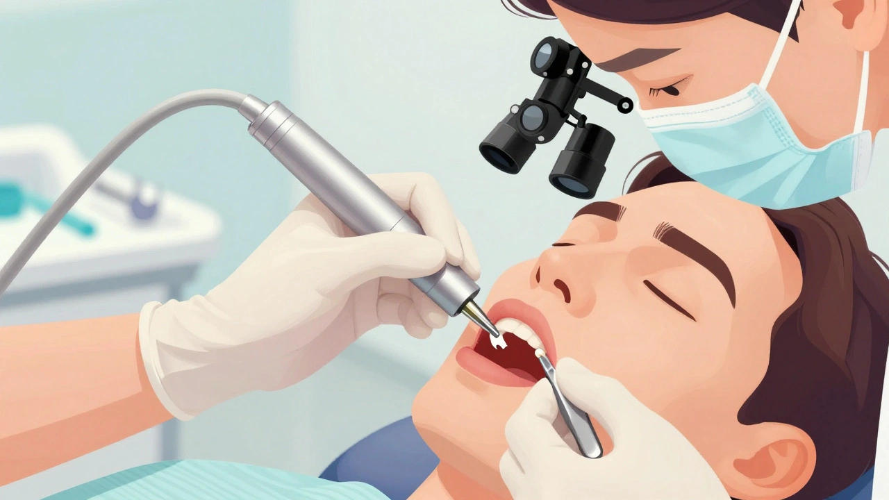 Zubní lékař opravuje poškozenou plombu pomocí světelného vytvrzování