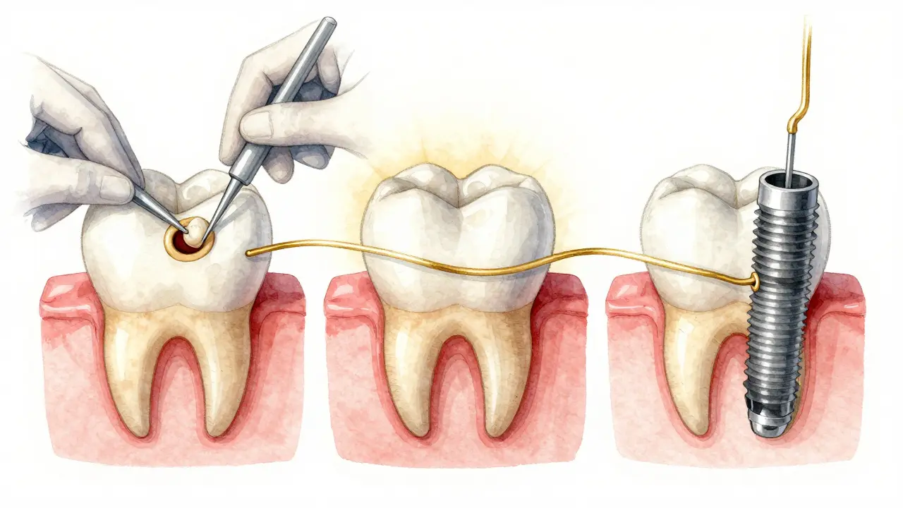 Zubní lékař plní díru, umisťuje korunku a zavádí implantát – tři kroky zachrání zub.