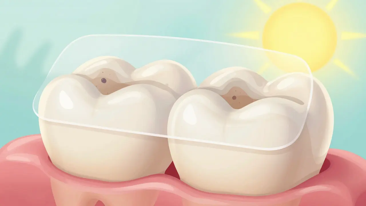 Zubní molár s hlubokými drážkami chráněnými průhledným povlakem.