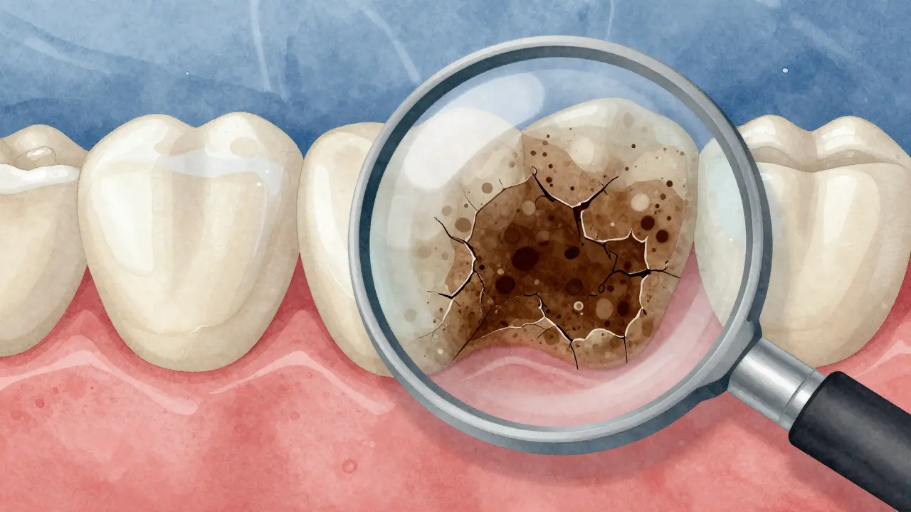 Zvětšený pohled na porézní email zubu s barvivy pronikajícími do mikrotrhlin, v pozadí jemná vrstva zubní pasty.