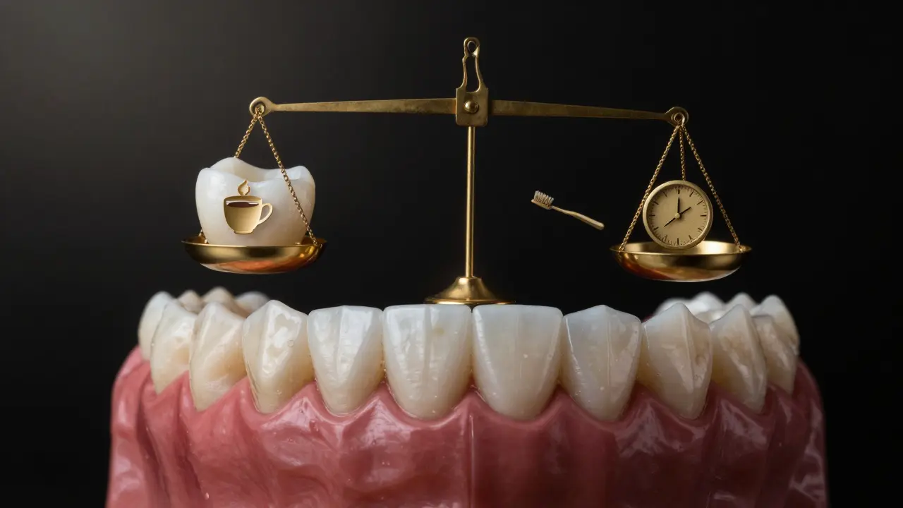 Comparison of natural and veneered tooth with symbols of care and damage.