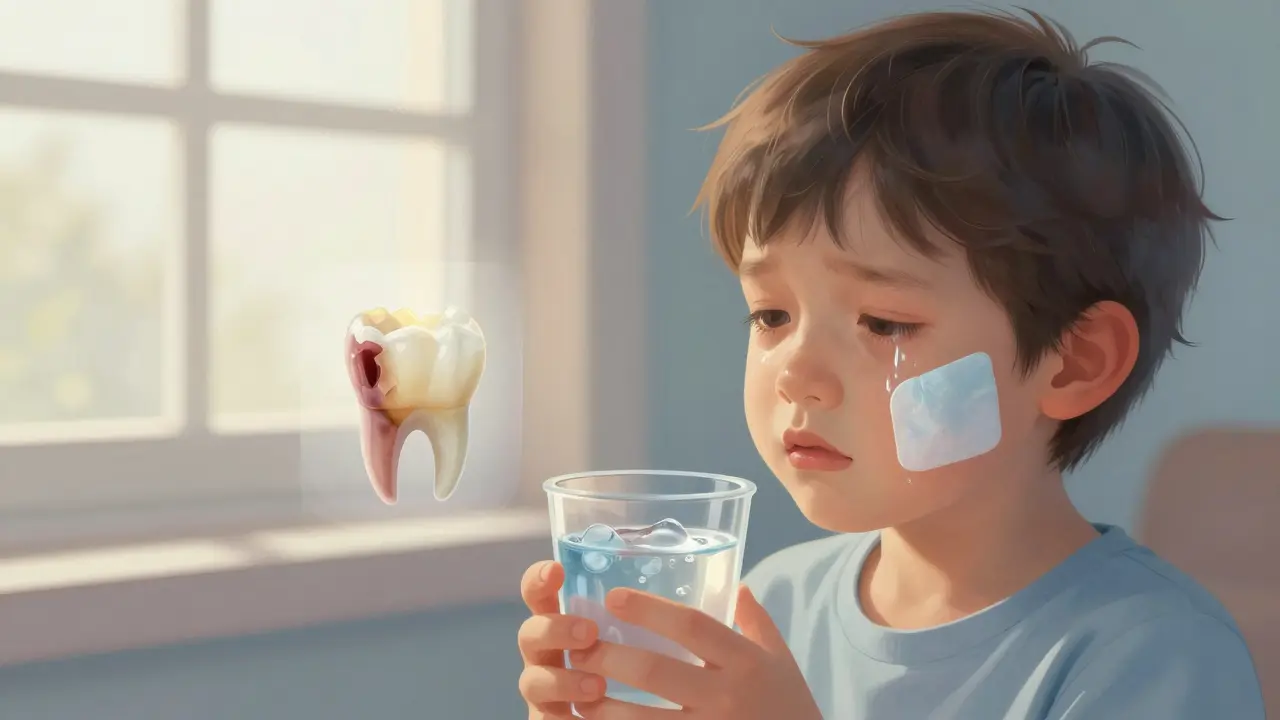 Dítě s chladným obkladem na tváři a sklenicí vody, symbolizující péči o zuby.