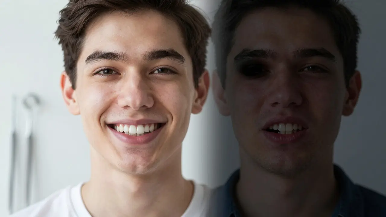 Dva obrazy téhož člověka: jeden se směje se zdravými zuby, druhý má zčernalý a zlomený zub.