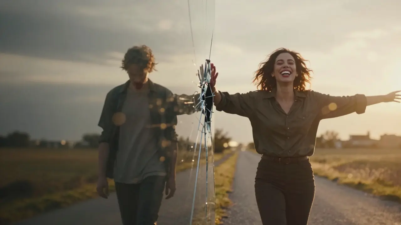 Dvě verze téže osoby: jedna smutná a osamělá, druhá směje se ve světle.