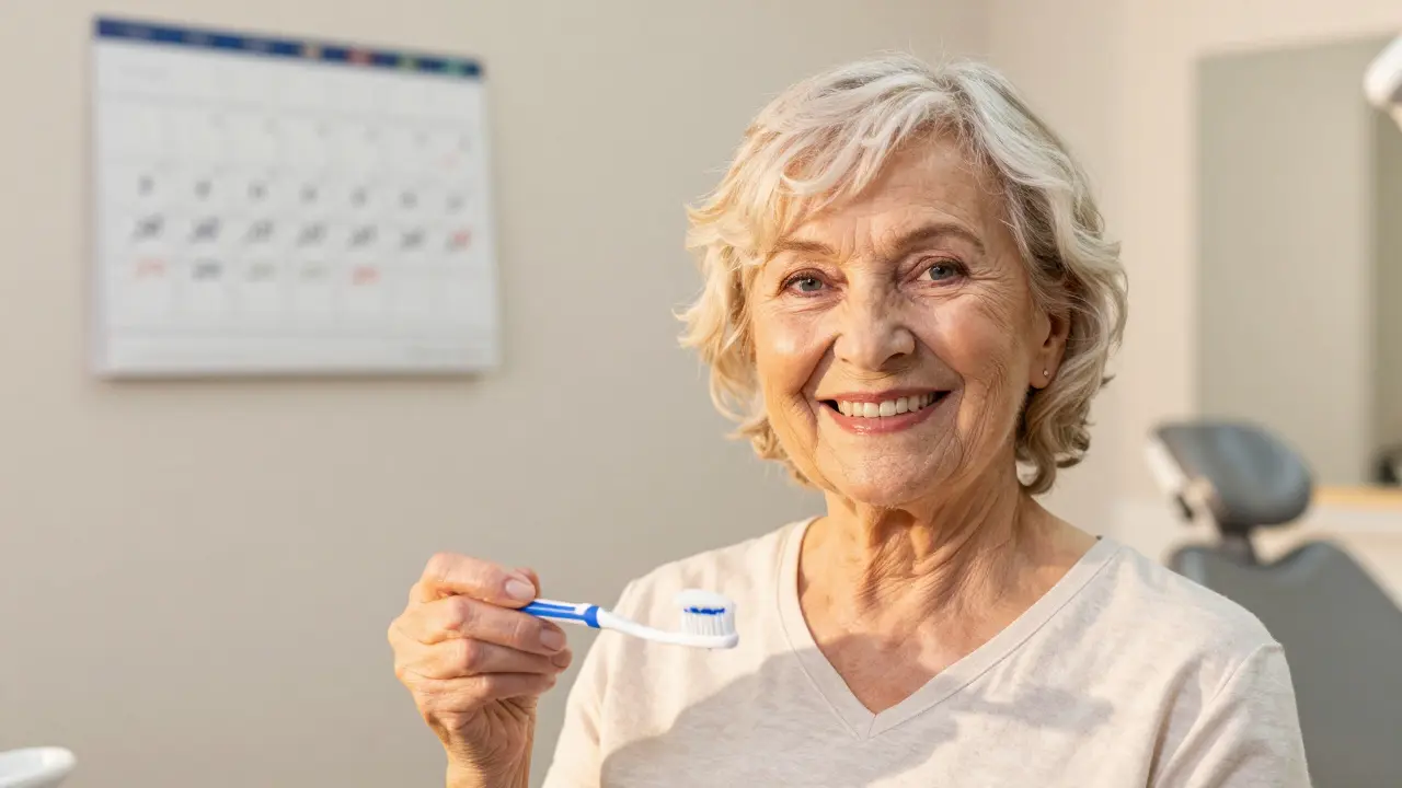 Elderly woman smiling after dental cleaning, holding toothbrush with checkup calendar visible.