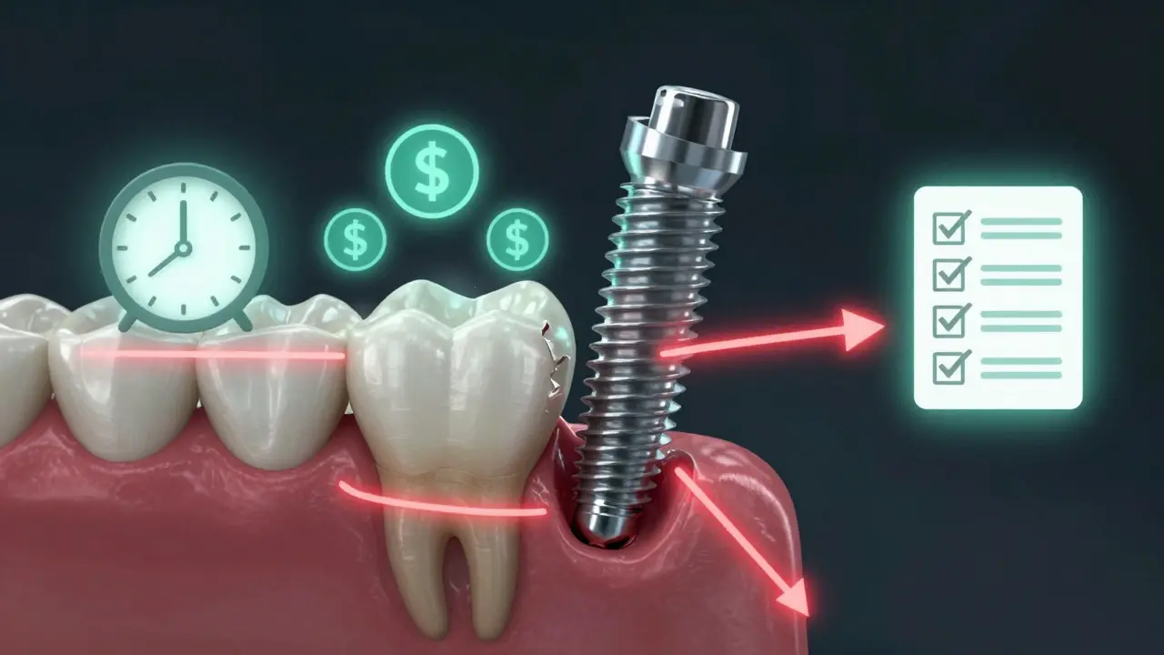 Konceptuální obrázek poškozeného zubního implantátu s varovnými čarami a cestami k riziku nebo bezpečnému řešení.