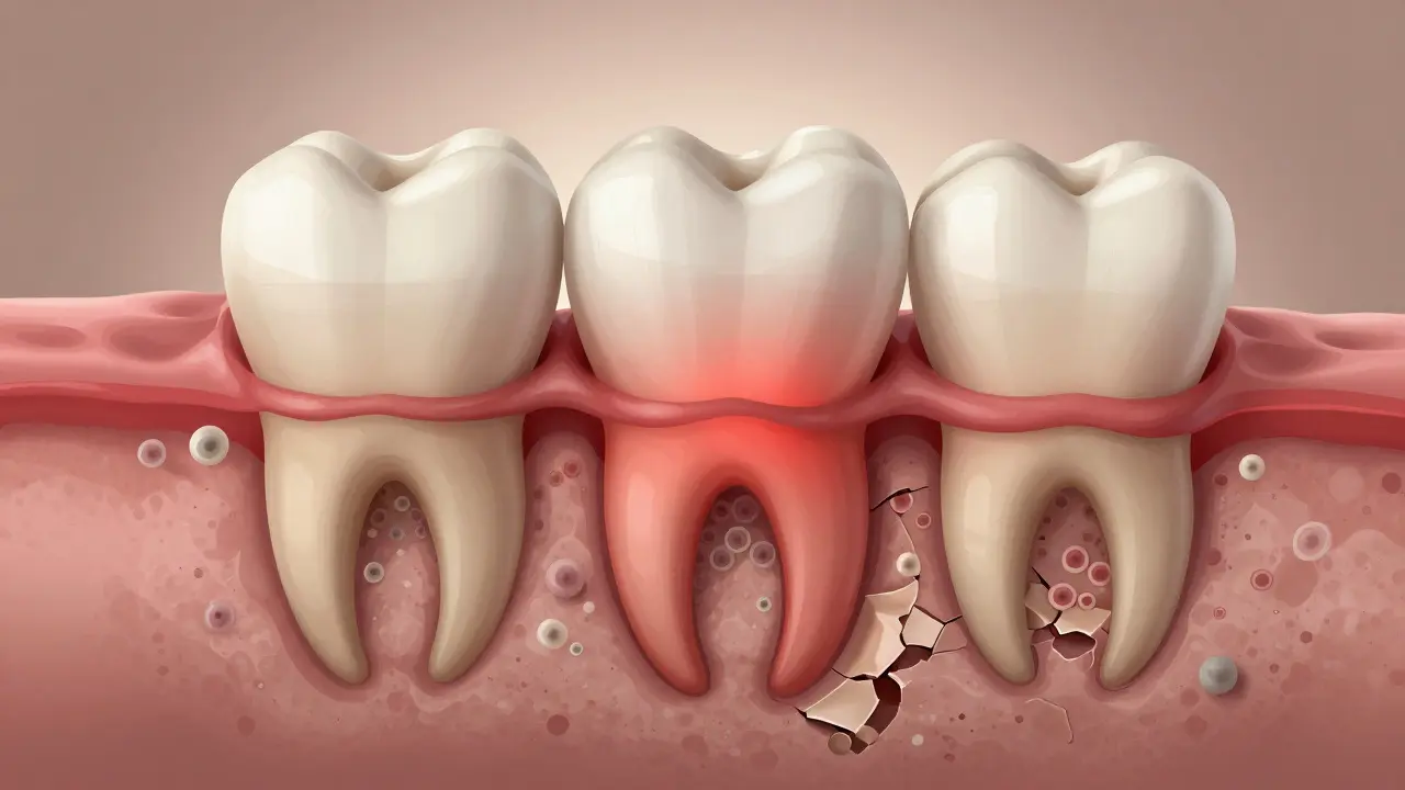 Kost kolem zubu se rozpadá kvůli zánětu způsobenému kamenem