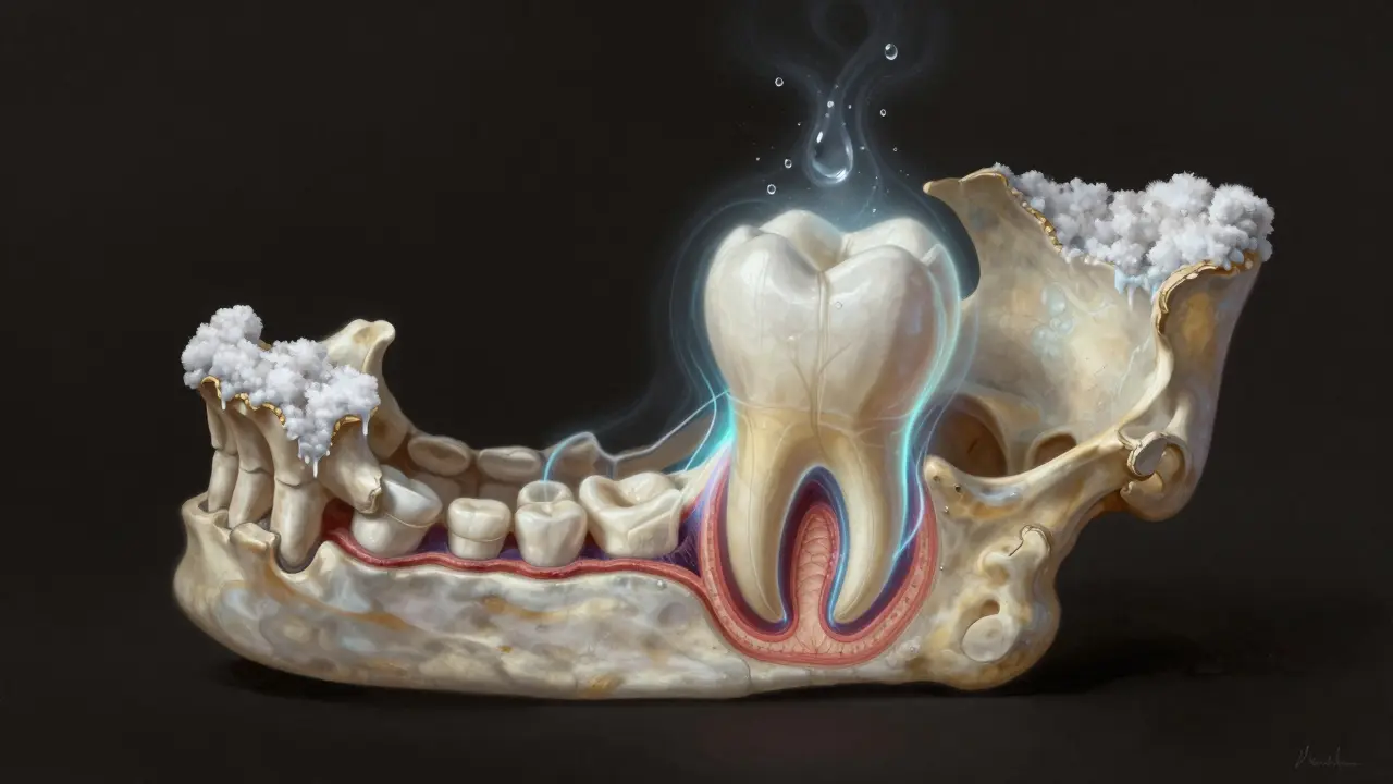 Křížový řez čelisti s viditelným přeměnou kosti kolem zubů.