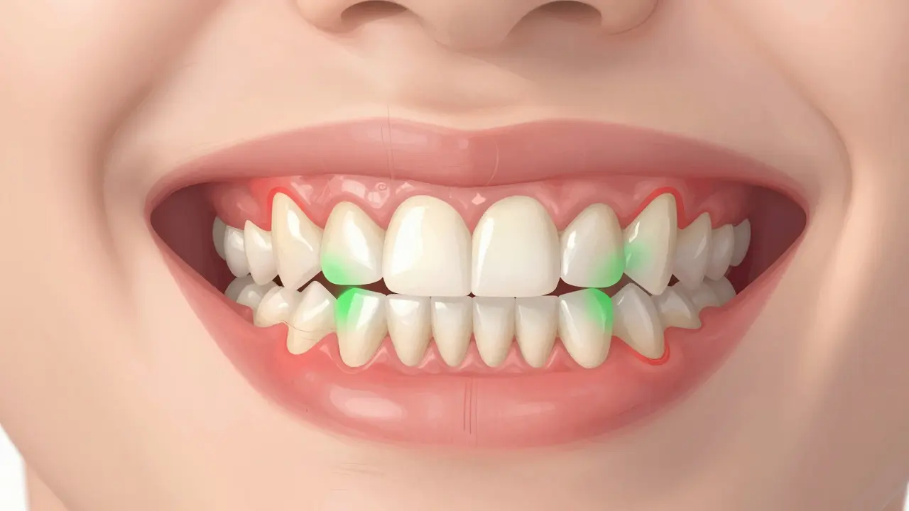 Křížový řez čelisti ukazující nerovnoměrný tlak na přední zuby.