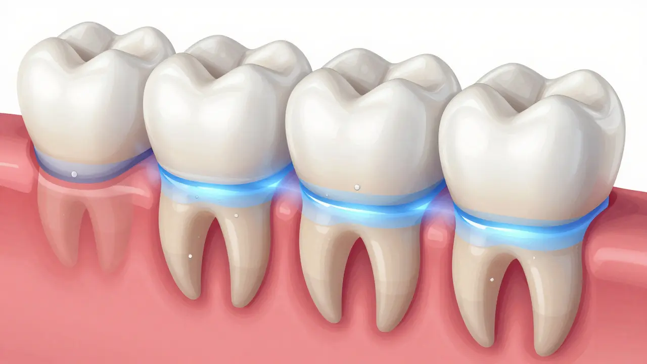 Layered composite material bonding to tooth structure under blue light.