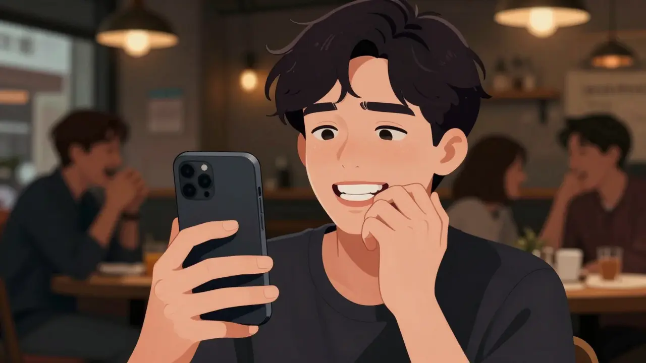 Muž dělá selfie, prsty zakrývají zuby, aby nevystavoval zbarvení.