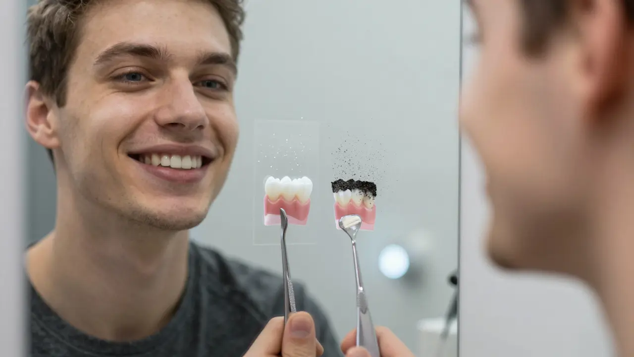 Odraz úsměvu s porovnáním bezpečného a škodlivého bělení zubů