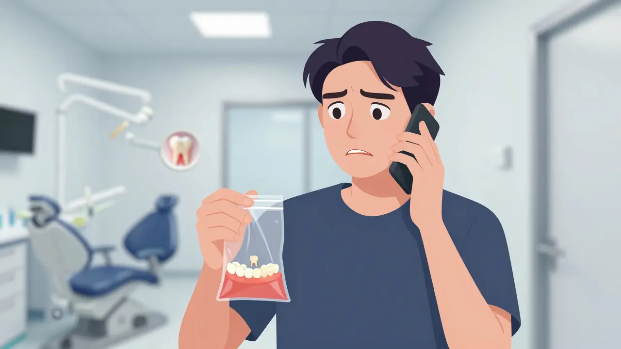 Osoba drží odlepenou plombu v plastovém pytlíku a volá zubaře.