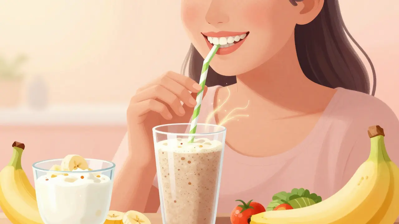 Osoba pije smoothie a jí měkké potraviny během přizpůsobení rovnátkům.