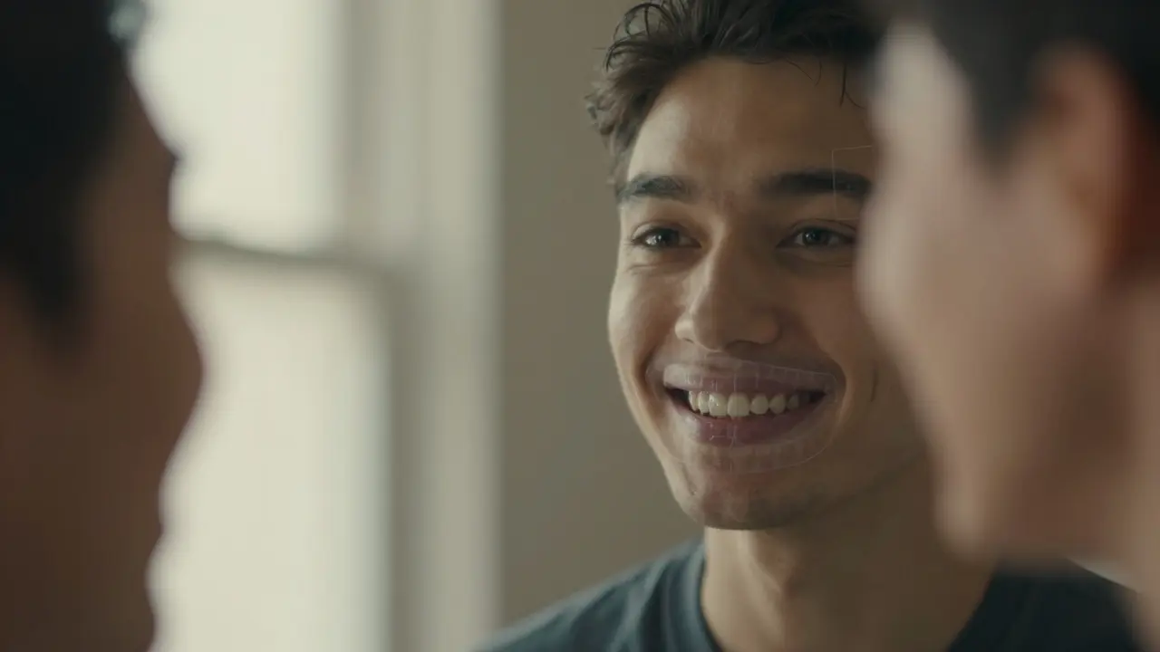 Osoba se dívá do zrcadla, kde je vidět porovnání správné a nesprávné polohy zubů.