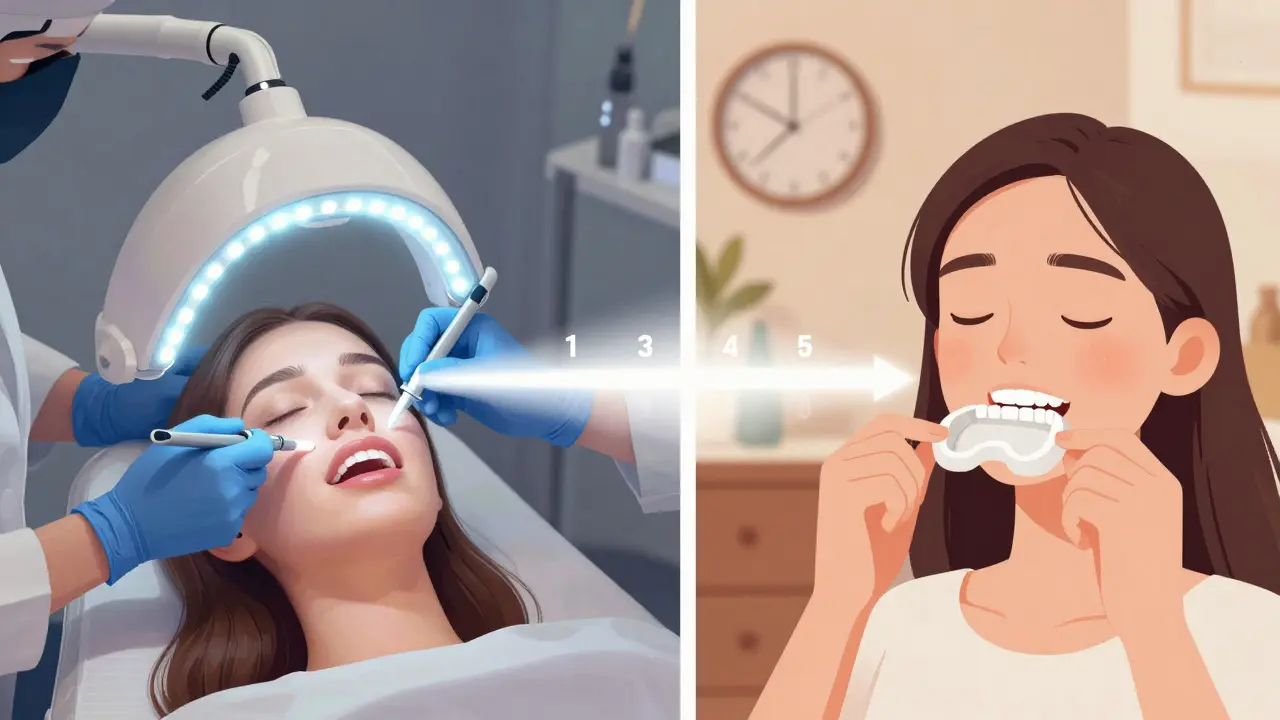 Porovnání bělení v ordinaci a doma s časovým průběhem.