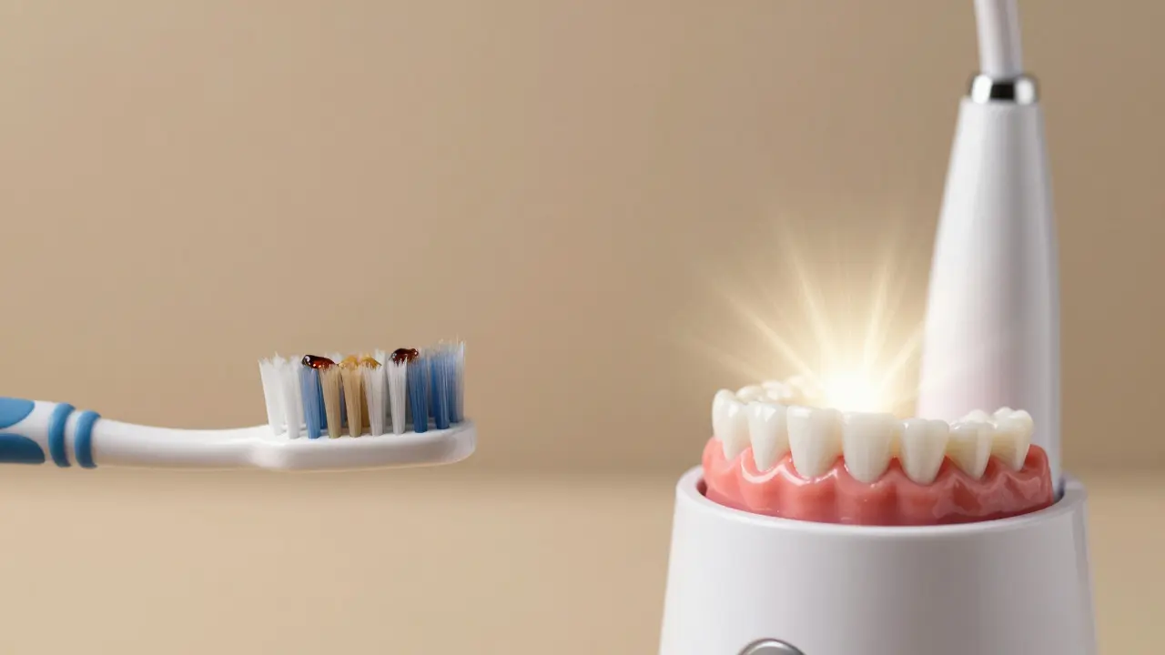 Porovnání tradičního kartáčku s ultrazvukovým čističem: špinavé zuby vs. zdravé, lesklé zuby a dásně.