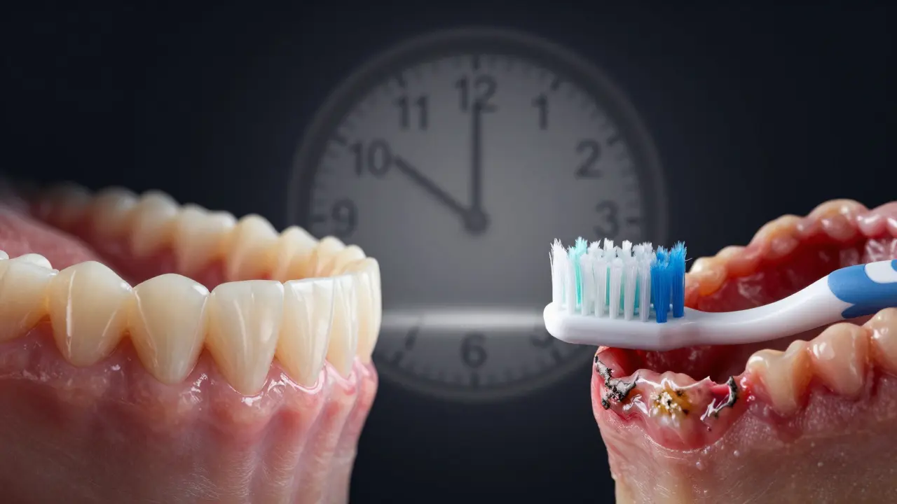 Porovnání zdravých a zánětlivých dásní s časovačem ukazujícím 2 minuty čištění.