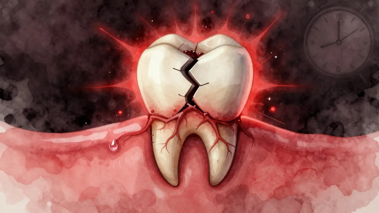 Poškozený přední zub s černým kazem a červeným zánětem šířícím se do dásně.