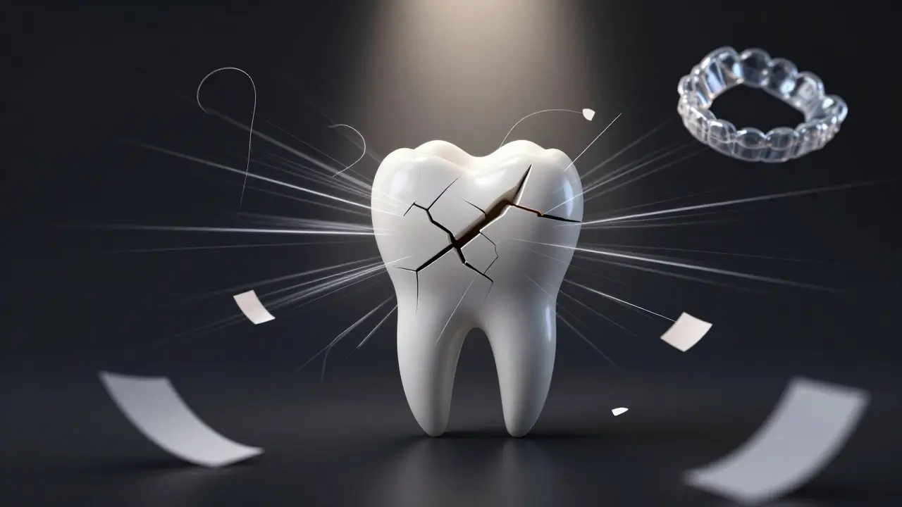 Prasklý přední zub s vlnami tlaku a prvkůmi zubní péče kolem něj.