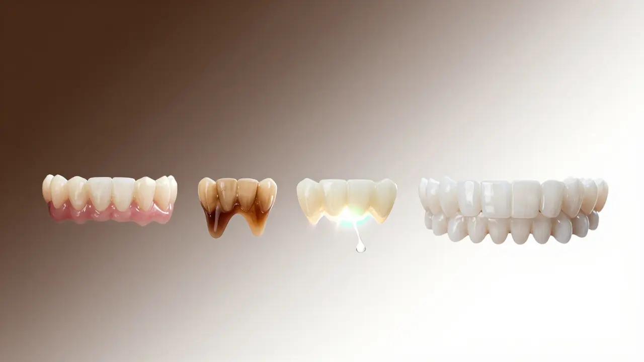 Přechod z tmavě zbarvených zubů k bílým po bělení.