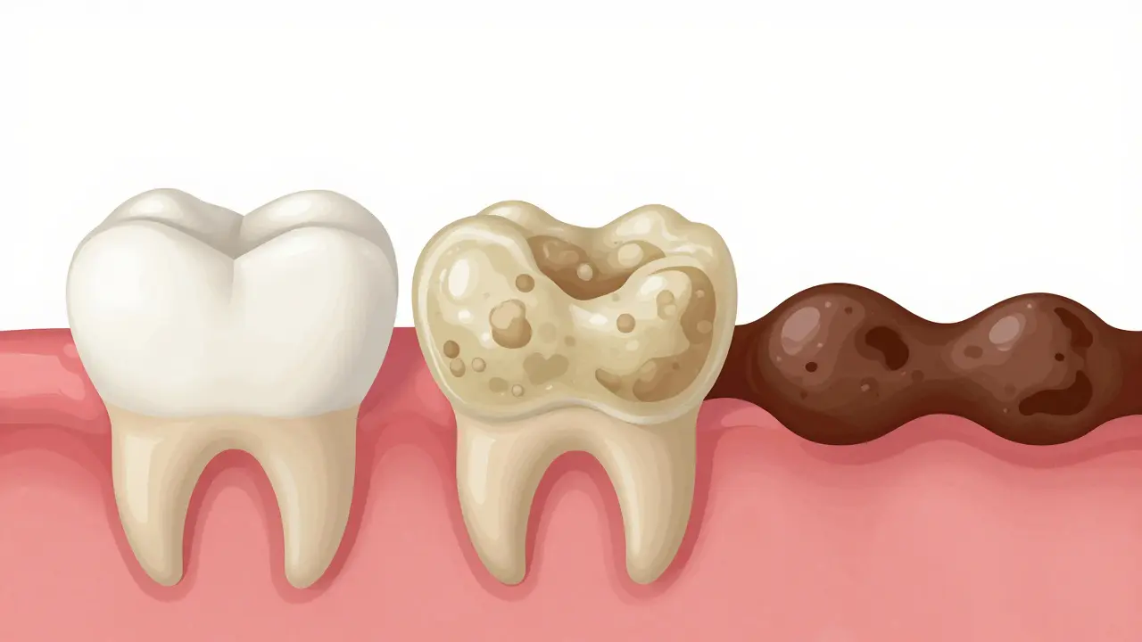 Progression from dental plaque to hardened tartar along the gumline.