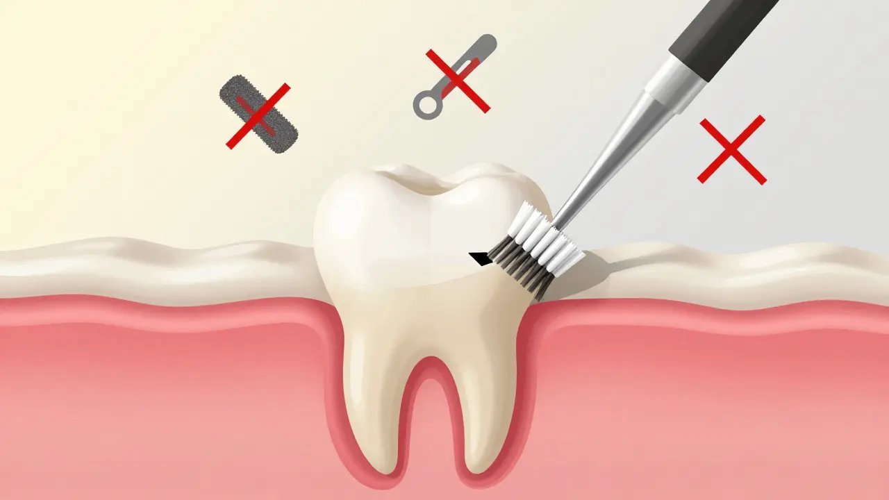 Průřez zubu s odstraněnou tenkou vrstvou skloviny a varováním proti domácímu broušení.