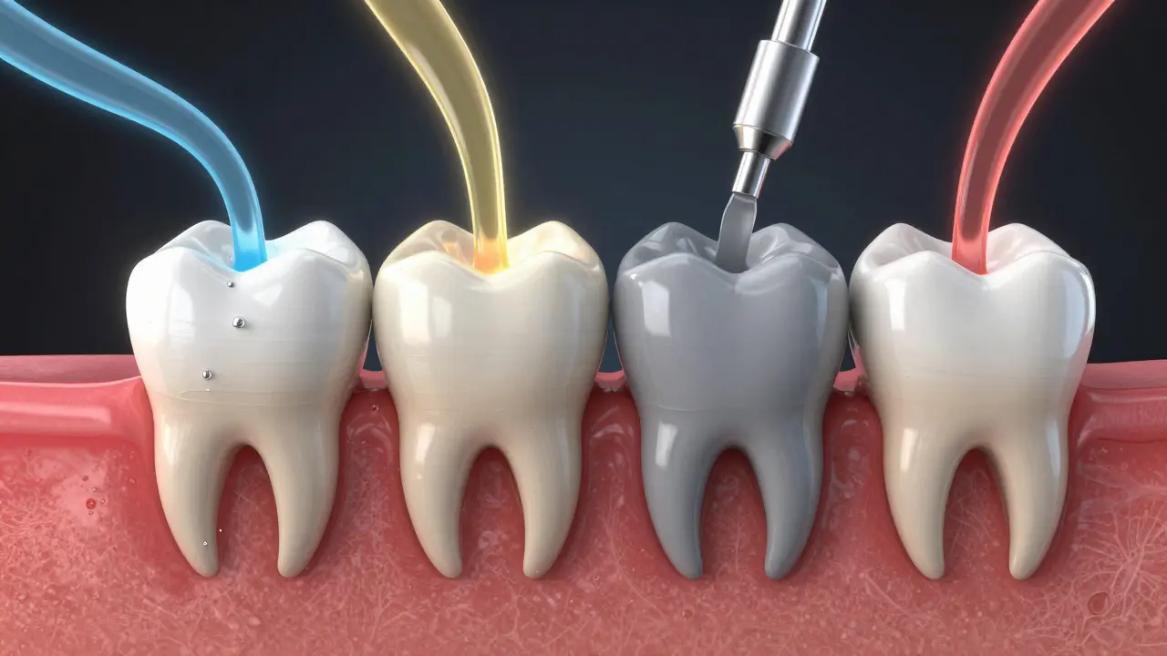 Průřez zubu s různými typy zubních cementů v barevném znázornění.