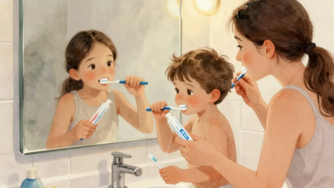 Rodina společně čistí zuby, používá fluoridovou pastu a zubní nit.