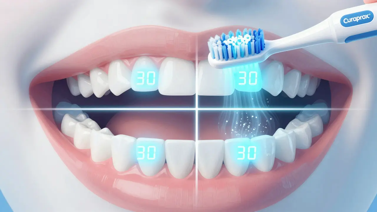 Rozdělení ústní dutiny na čtyři čtvrtiny s časovači ukazujícími 30 sekund na každou.