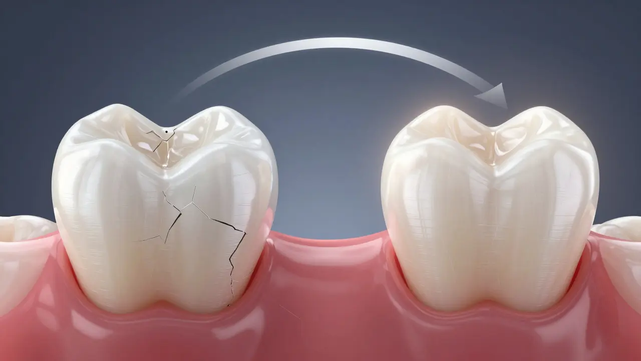 Rozdrcený zub se mění v trvanlivou keramickou korunku, symbolizující dlouhodobé řešení.