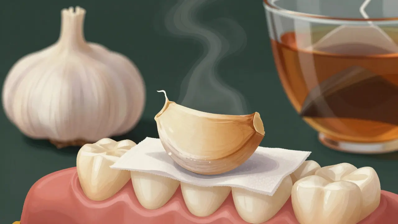 Rozdrtěný česnek na zubě v hadříku s šálkem čaje na pozadí.