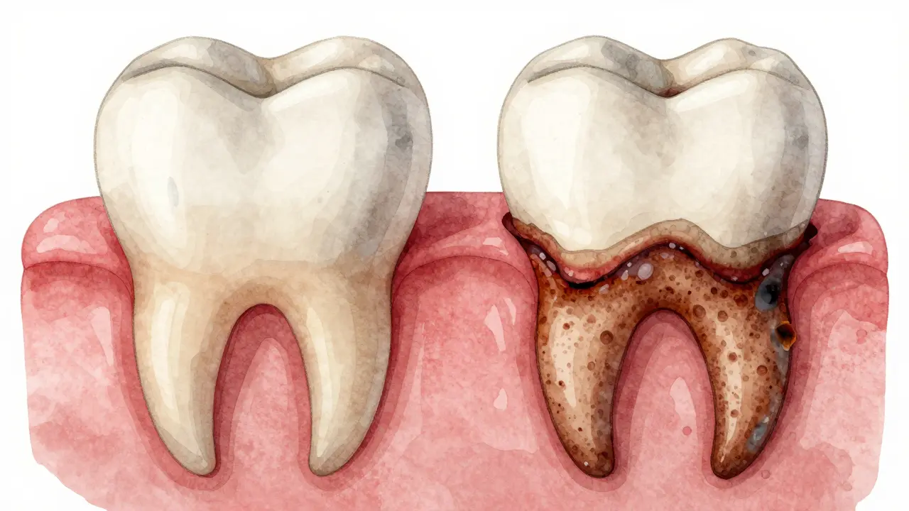 Side-by-side comparison of healthy teeth versus teeth with tartar and gum inflammation.