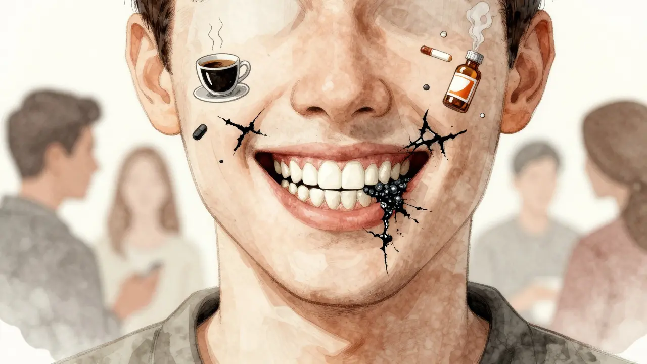 Tmavý zubní kámen na zubech s příznaky, jako jsou káva, železo a kouření.