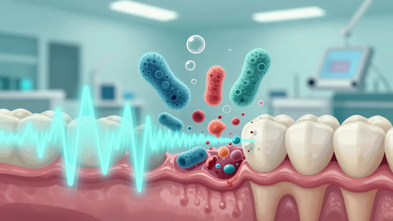 Ultrazvukové vlny rozkládají zubní plak a kámen na molekulární úrovni s viditelnými mikro-bublinami.