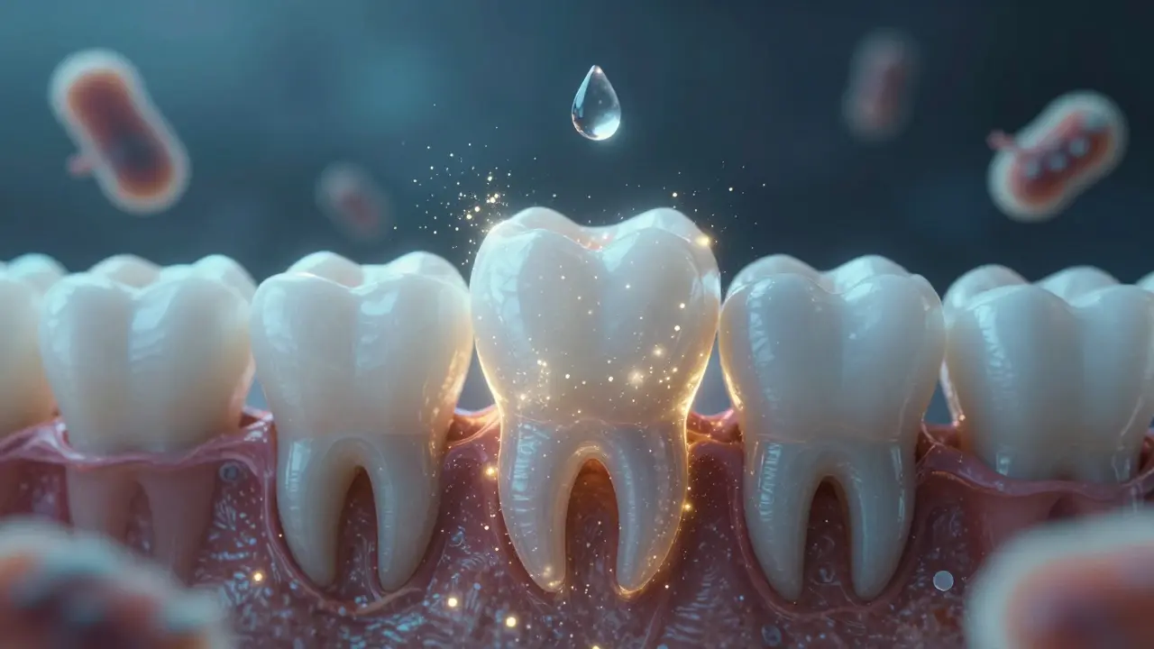 Umělecké znázornění přirozeného obnovování zubního emailu minerály.