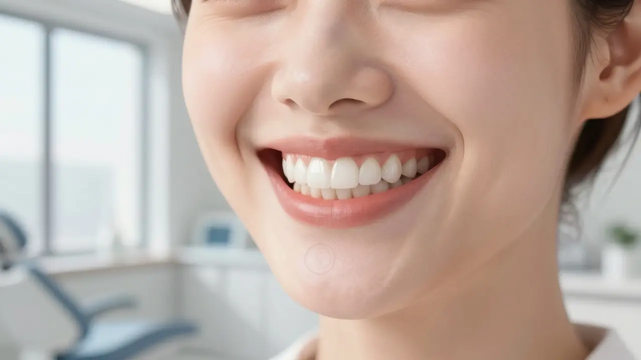 Woman smiling confidently with perfect ceramic veneers and natural daylight.