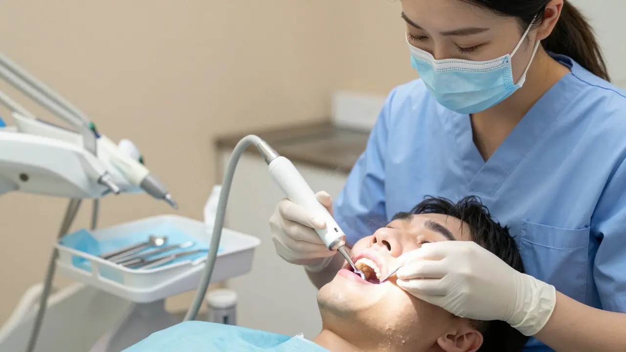 Zubní hygienistka odstraňuje kámen ultrazvukovým skrabákem