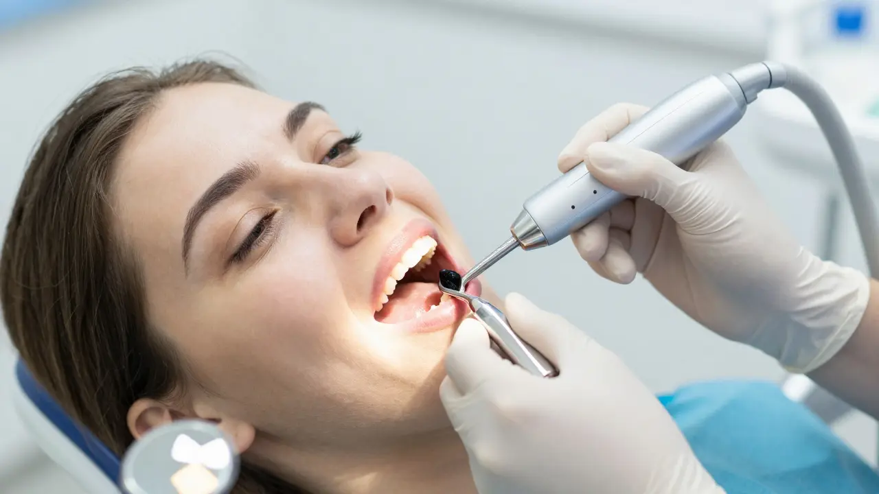 Zubní lékař odstraňuje černý zubní kámen pomocí ultrazvukového přístroje.