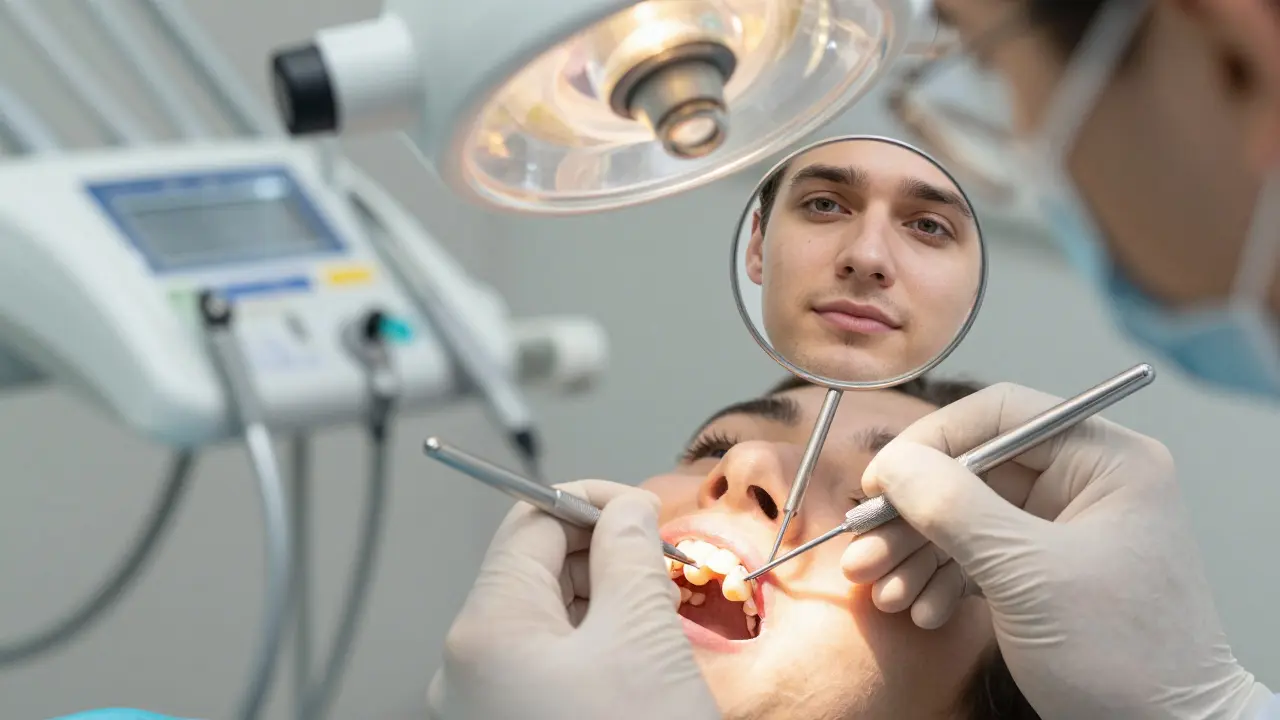 Zubní lékař opravuje přední zub kompozitní výplní pod světlem zubní lampy.