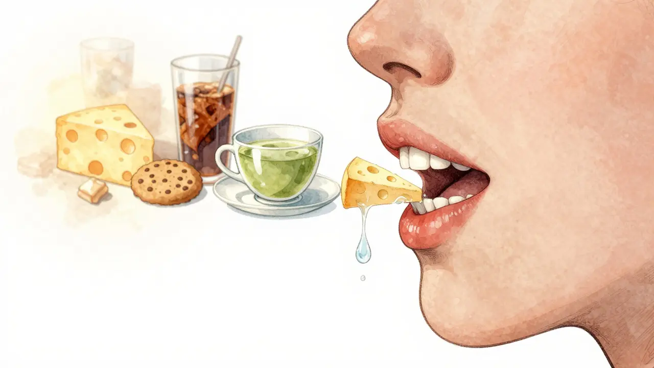 Zubní řada s slinami a minerály obnovujícími sklovinu, sladké potraviny v stínu