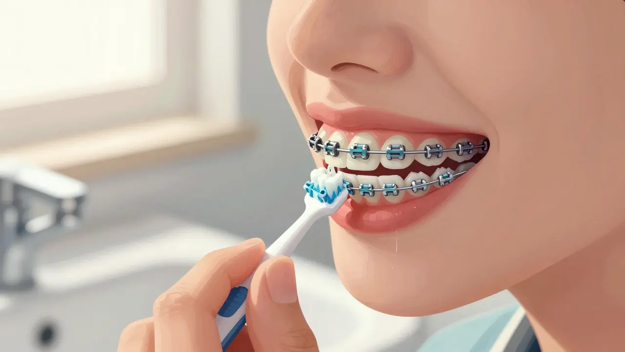 Čištění zubních drátů mezizubním kartáčkem ráno v koupelně.