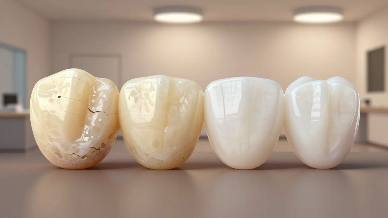 Comparison of worn versus new composite veneers with texture details.