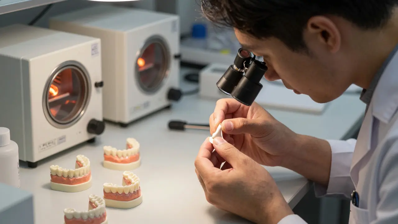 Dental technician crafting a ceramic veneer by hand with precision tools in a laboratory.