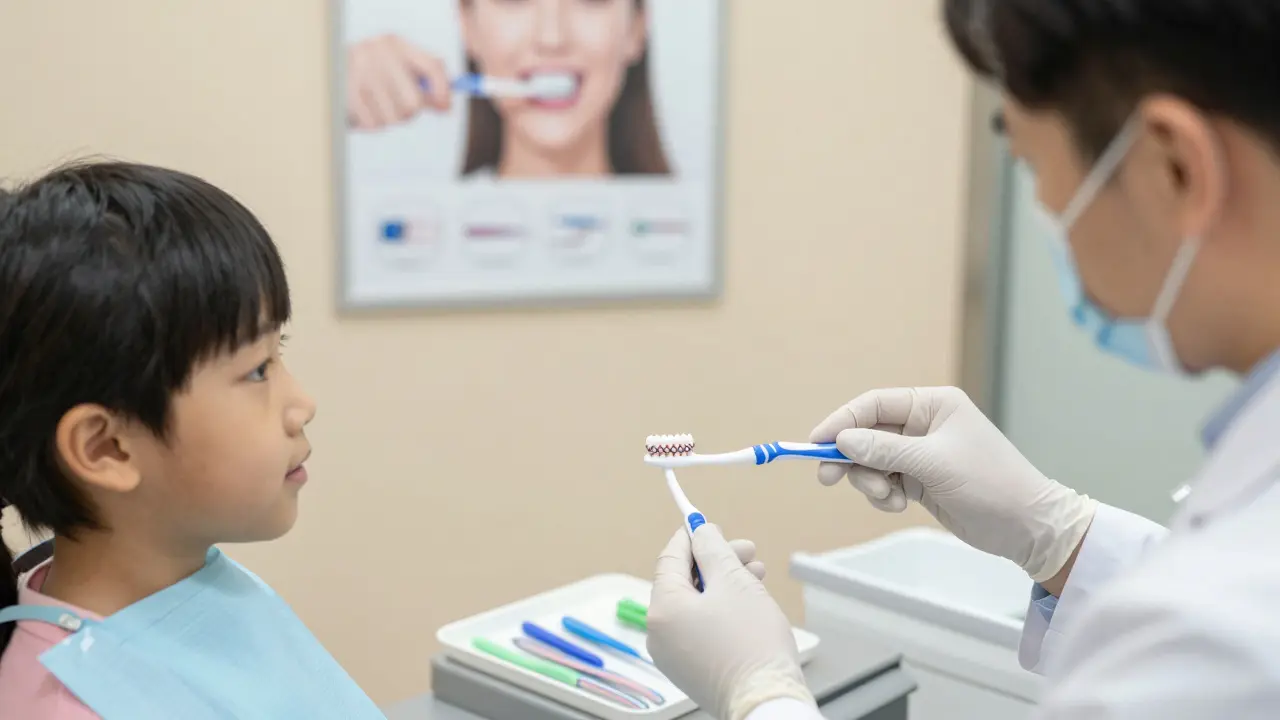 Dentist ukazuje dítěti s rovnátkem, jak správně vybrat velikost mezizubního kartáčku.