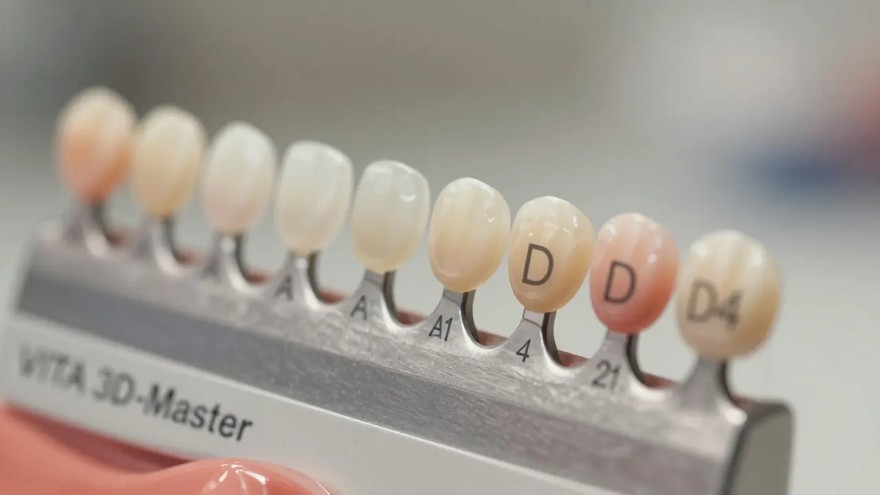 Detail VITA 3D-Master škály na modelu zubu s různými odstíny.
