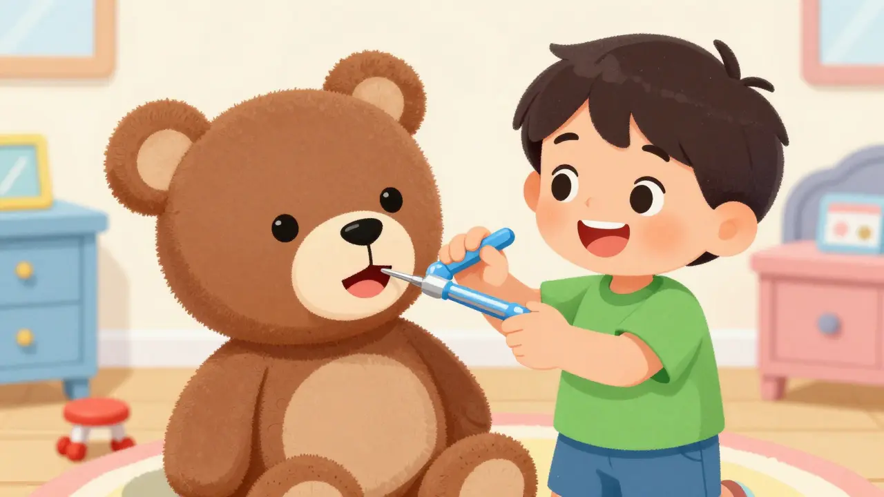 Dítě hraje zubního lékaře s panenkou a hračkou