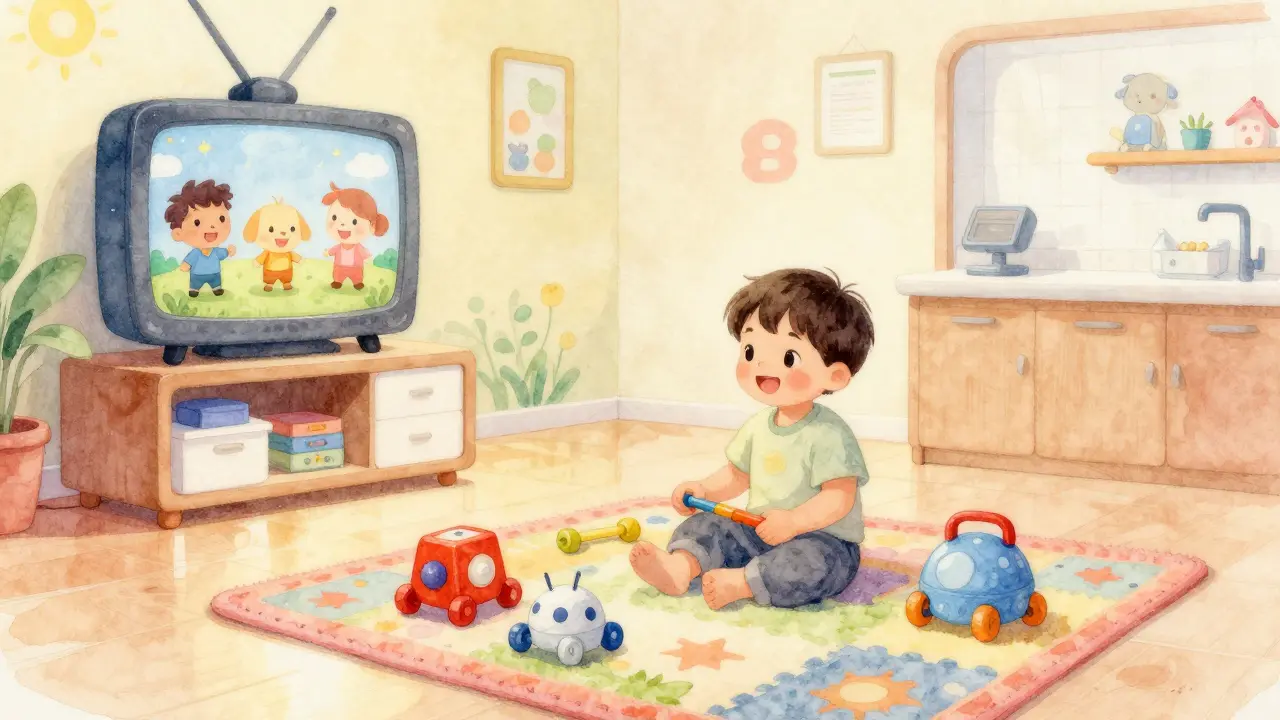 Dítě v herním pokoji zubní kliniky s hračkami a televizí