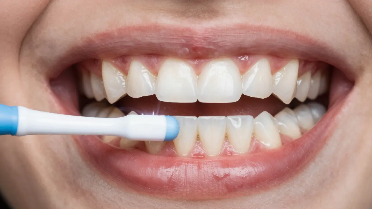 Dvě části úst: jedna s plakem a zánětem, druhá se zdravými dásněmi a čistými mezizubními prostory.